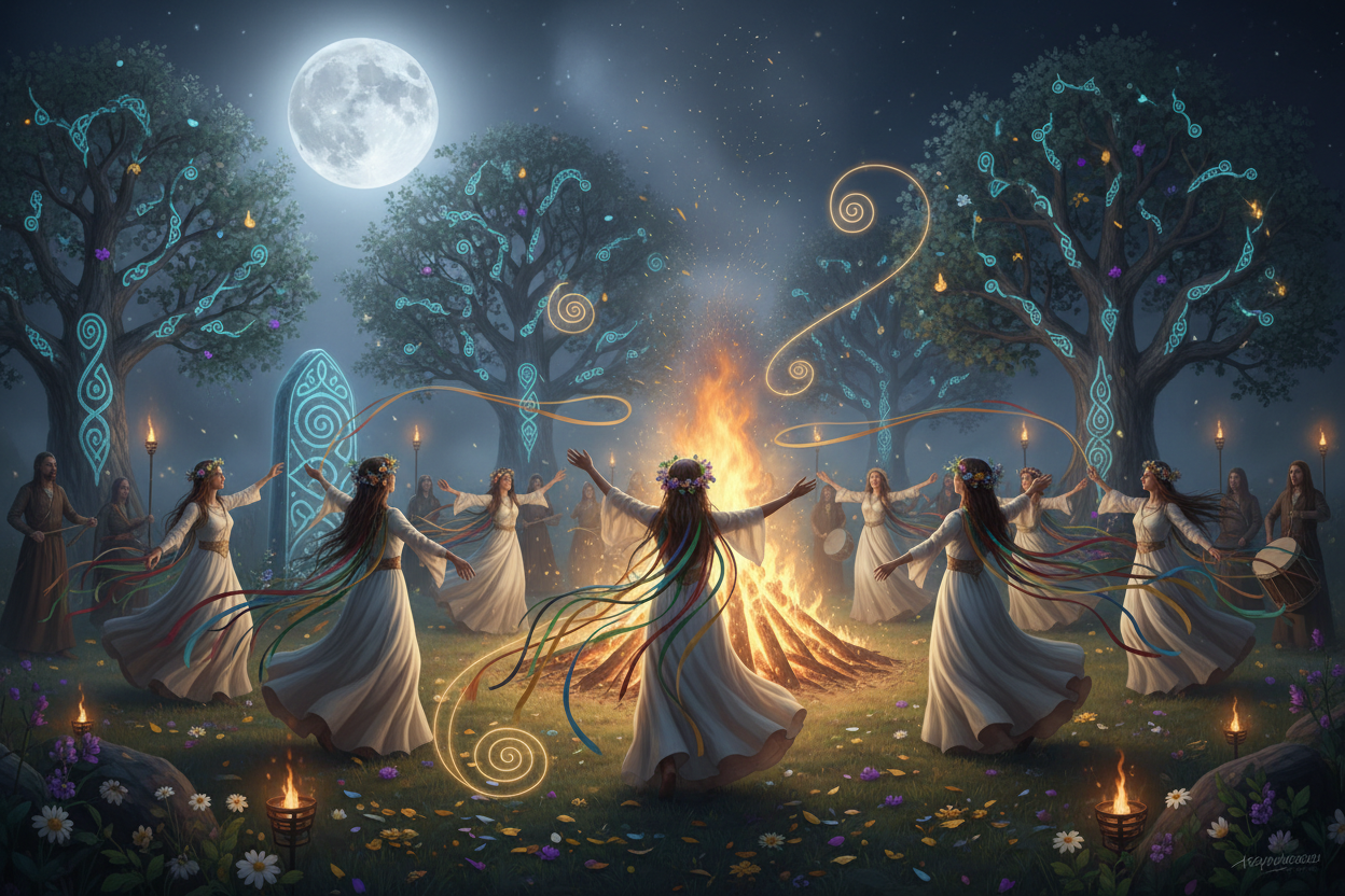 women dancing at beltane under the full moon 